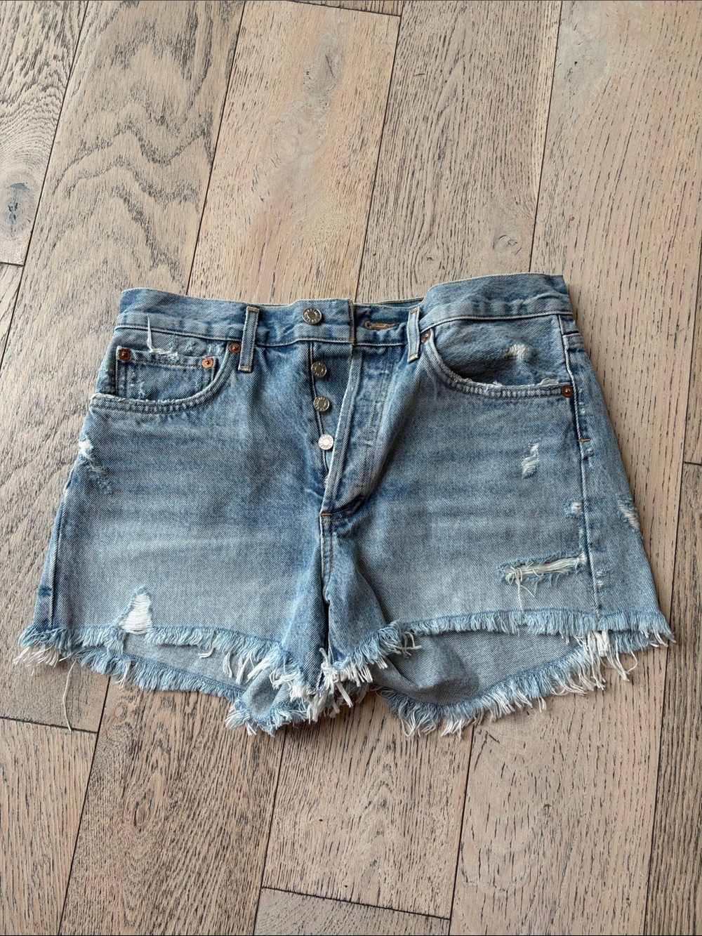 Agolde Light Blue Distressed High-Rise Denim Shorts